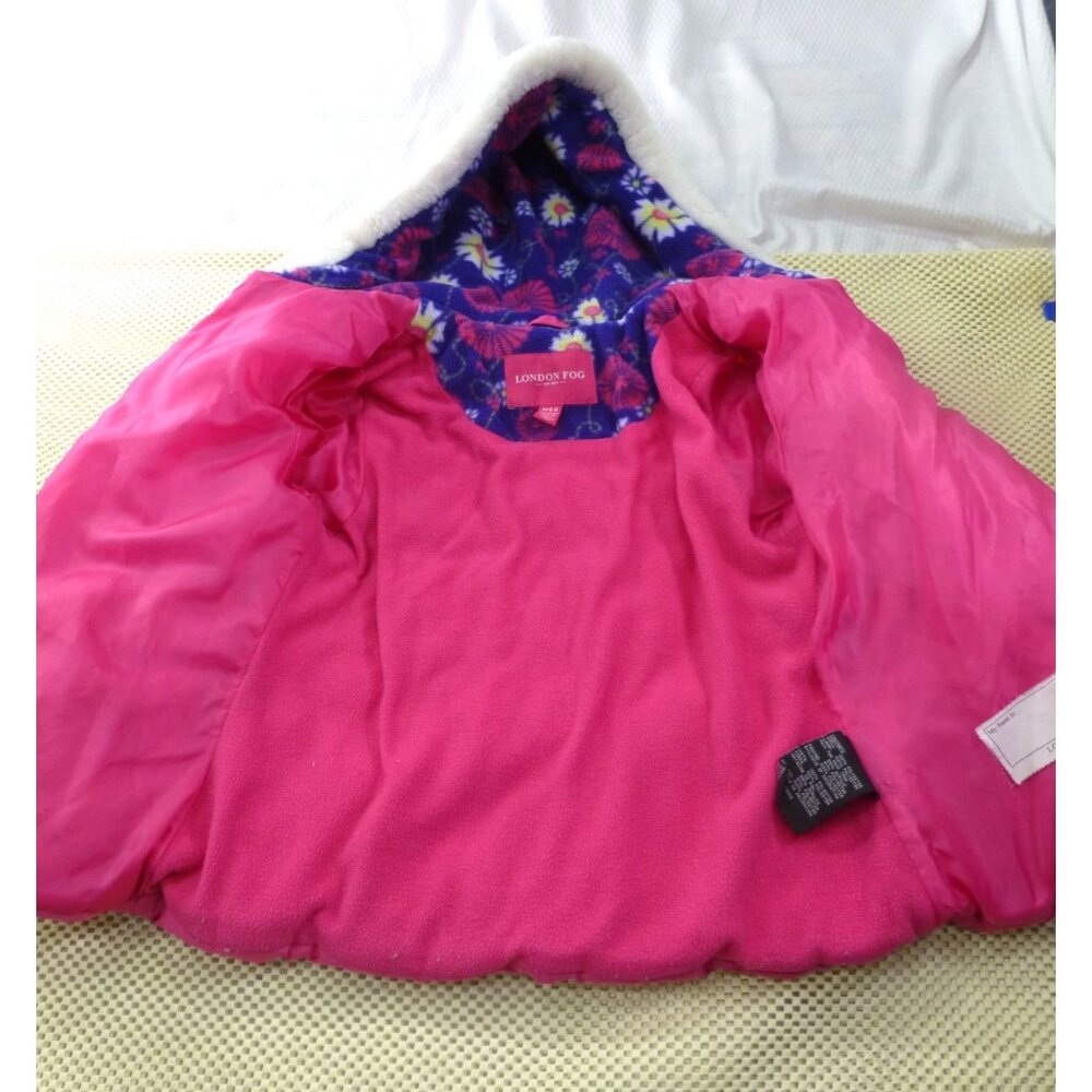 London Fog Girls Pink Puffer Coat W/ Hood & Floral Fleece Interior Size M 5-6 - Picture 7 of 11